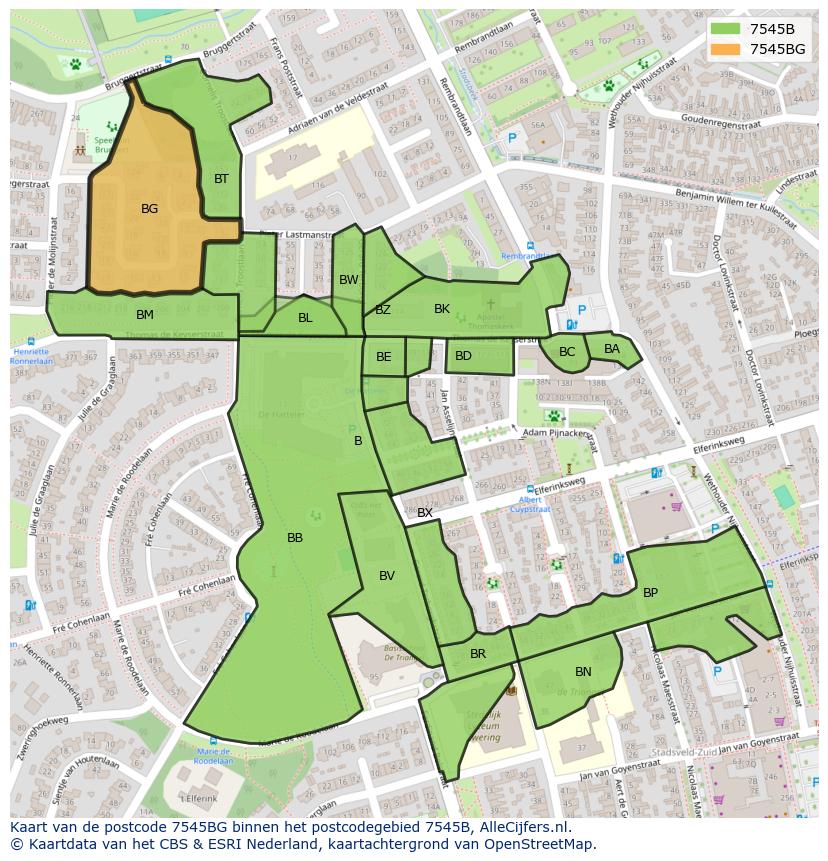 Afbeelding van het postcodegebied 7545 BG op de kaart.