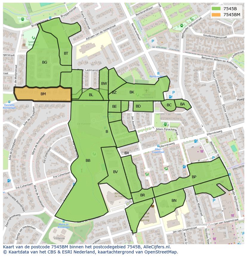Afbeelding van het postcodegebied 7545 BM op de kaart.