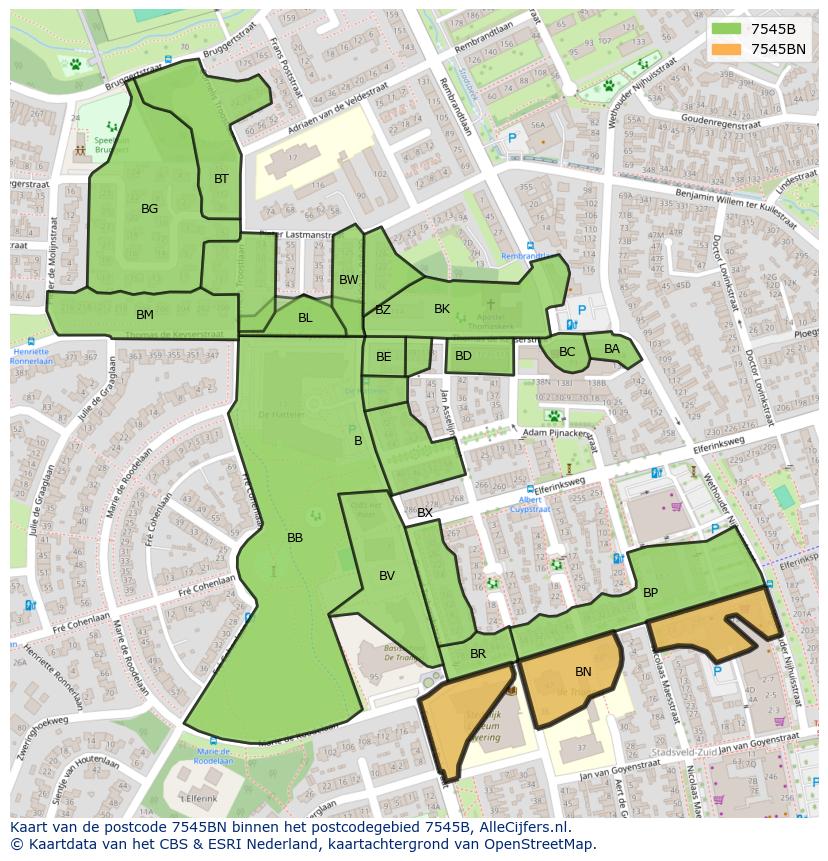 Afbeelding van het postcodegebied 7545 BN op de kaart.