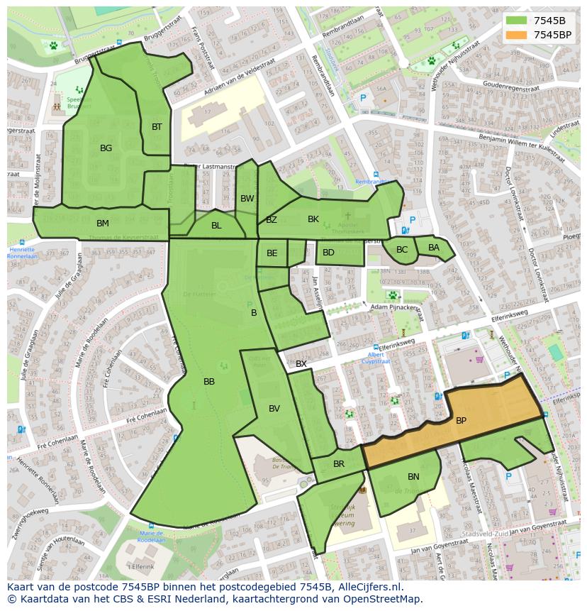 Afbeelding van het postcodegebied 7545 BP op de kaart.