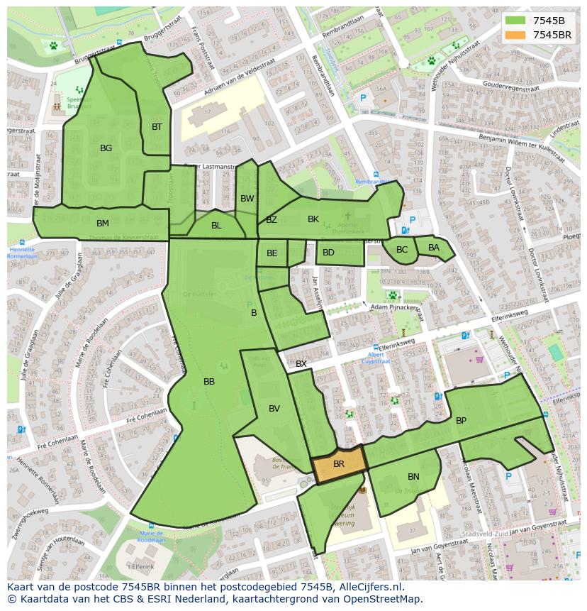 Afbeelding van het postcodegebied 7545 BR op de kaart.