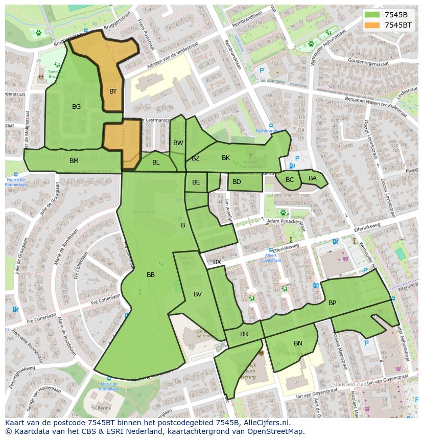 Afbeelding van het postcodegebied 7545 BT op de kaart.