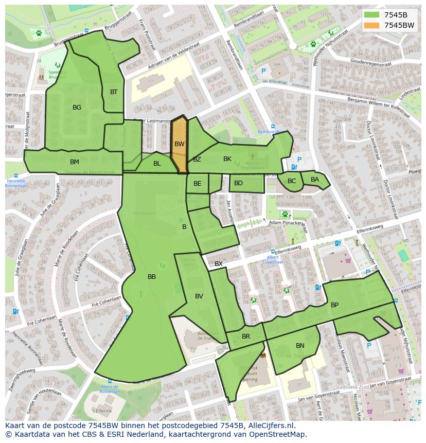 Afbeelding van het postcodegebied 7545 BW op de kaart.