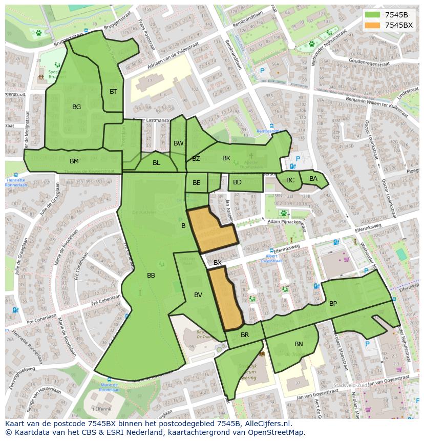 Afbeelding van het postcodegebied 7545 BX op de kaart.
