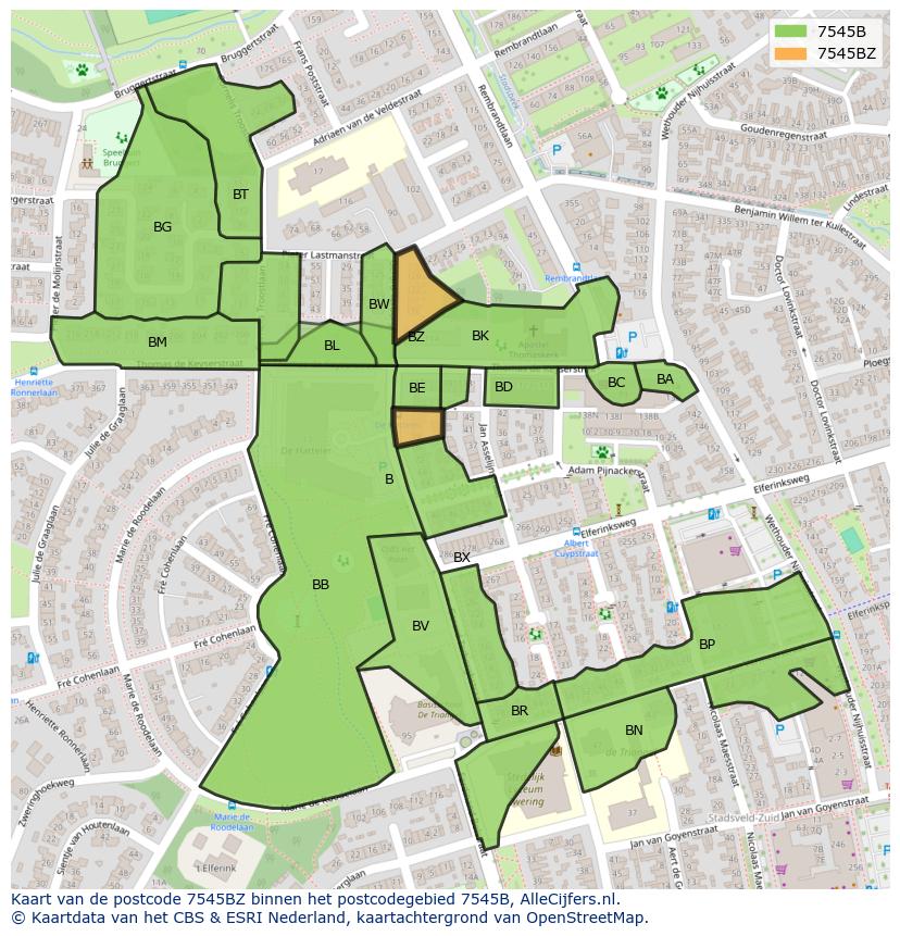 Afbeelding van het postcodegebied 7545 BZ op de kaart.