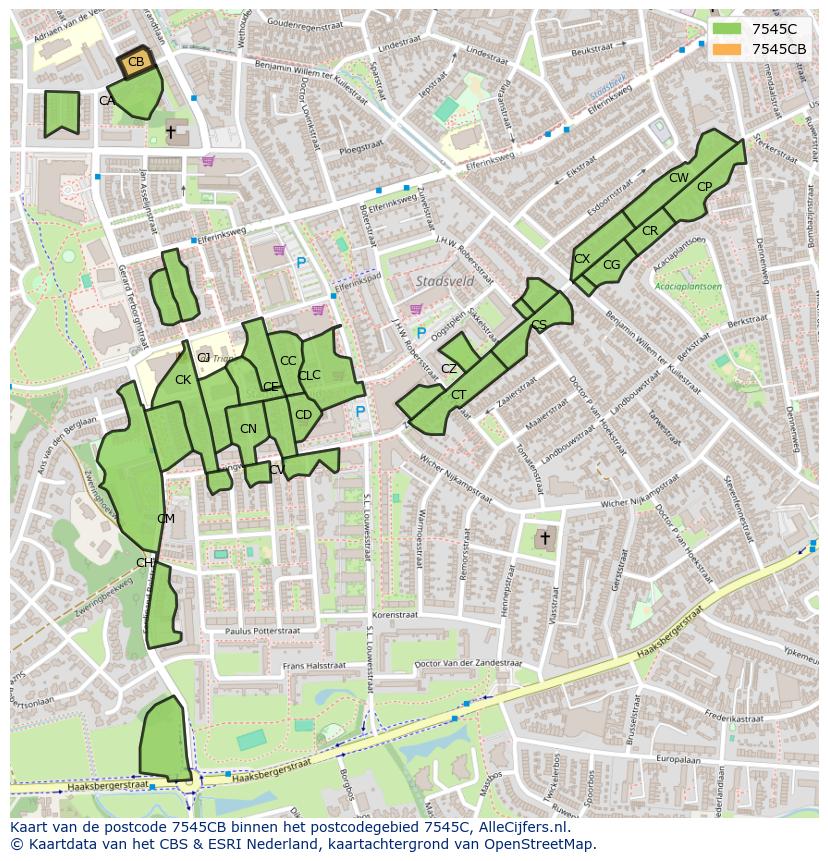 Afbeelding van het postcodegebied 7545 CB op de kaart.