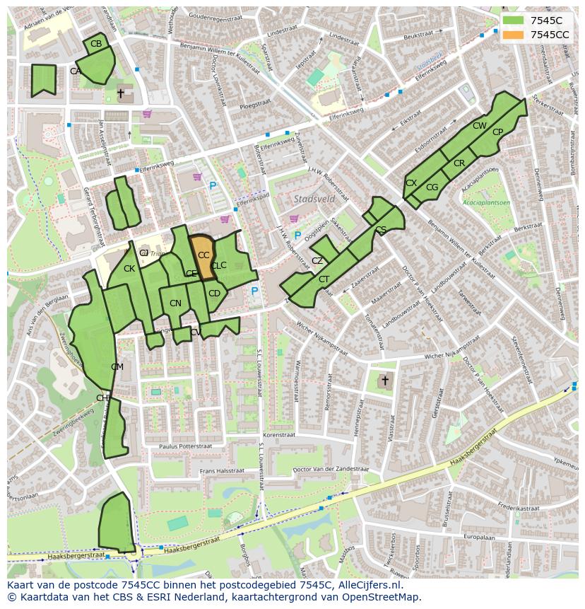 Afbeelding van het postcodegebied 7545 CC op de kaart.