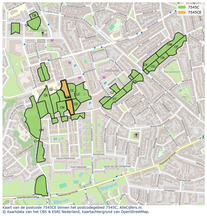 Afbeelding van het postcodegebied 7545 CE op de kaart.