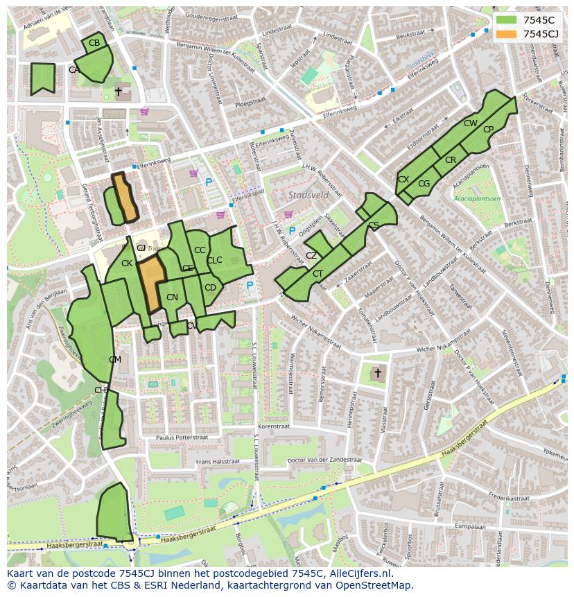 Afbeelding van het postcodegebied 7545 CJ op de kaart.