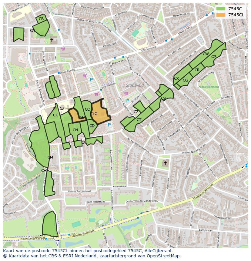 Afbeelding van het postcodegebied 7545 CL op de kaart.