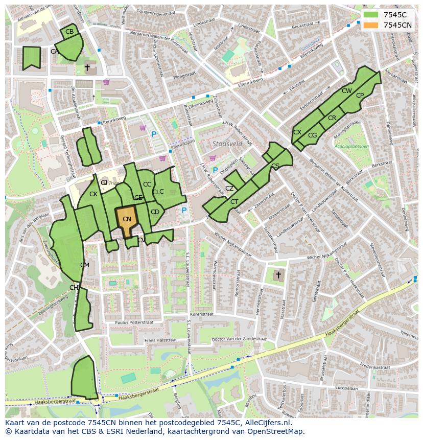 Afbeelding van het postcodegebied 7545 CN op de kaart.