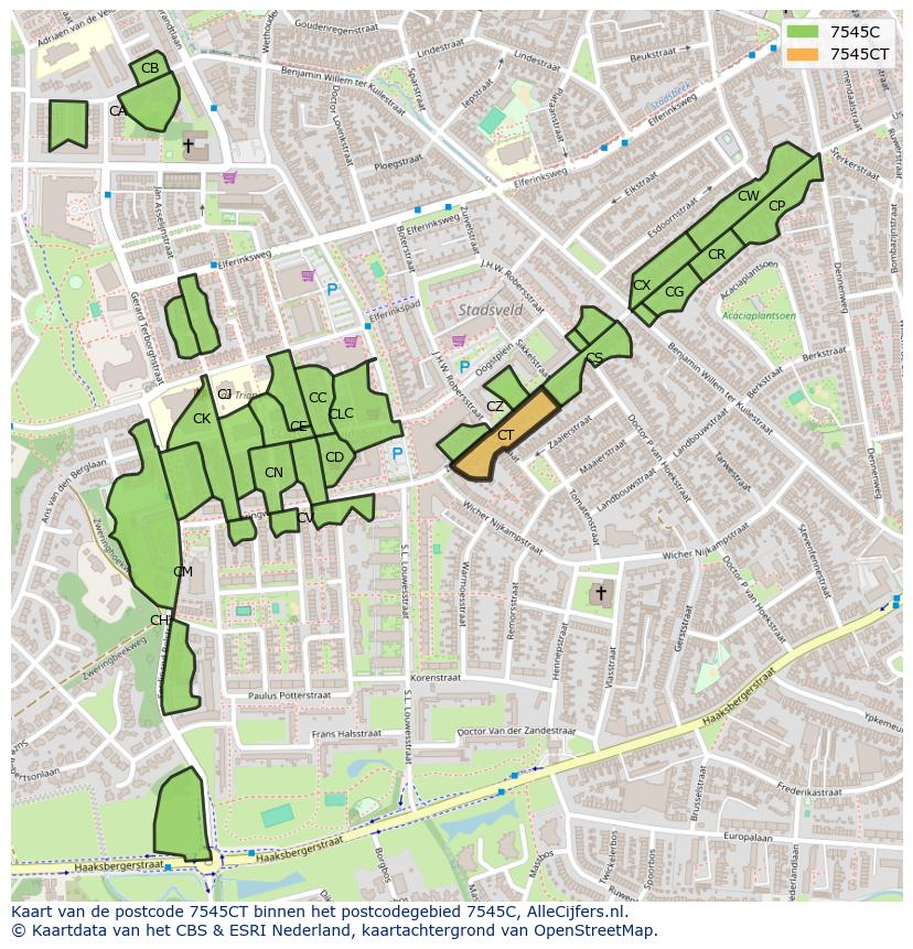 Afbeelding van het postcodegebied 7545 CT op de kaart.