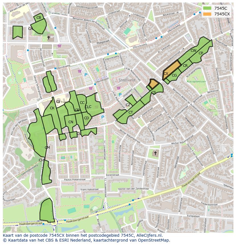 Afbeelding van het postcodegebied 7545 CX op de kaart.