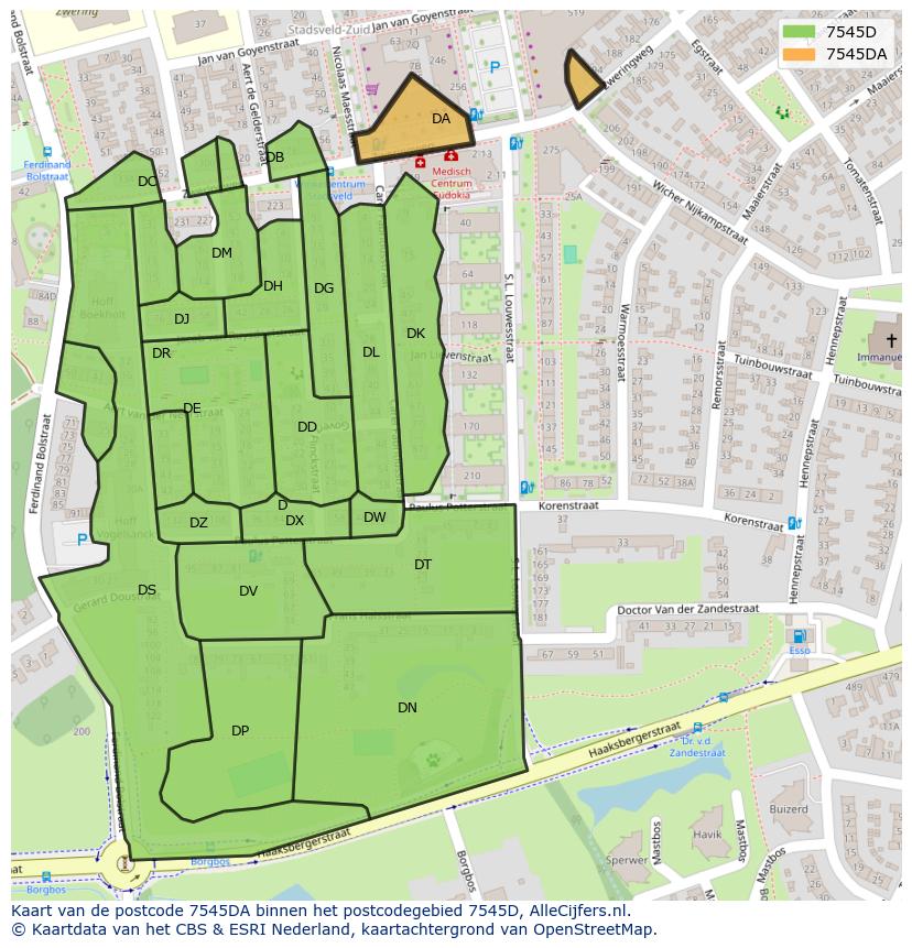 Afbeelding van het postcodegebied 7545 DA op de kaart.
