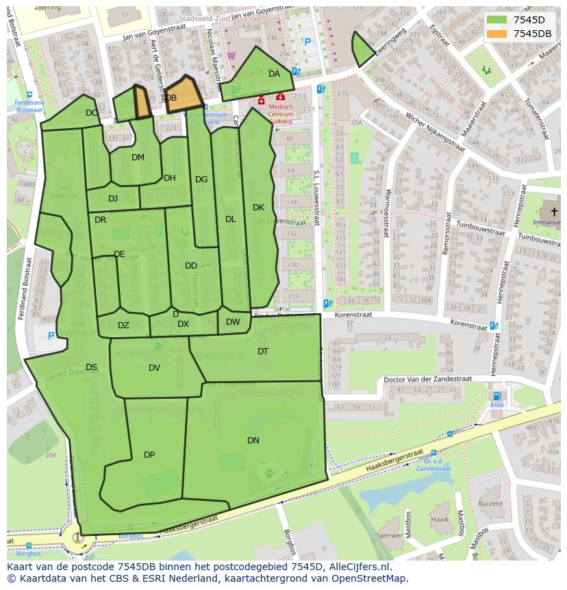 Afbeelding van het postcodegebied 7545 DB op de kaart.