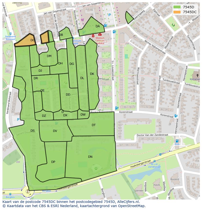 Afbeelding van het postcodegebied 7545 DC op de kaart.