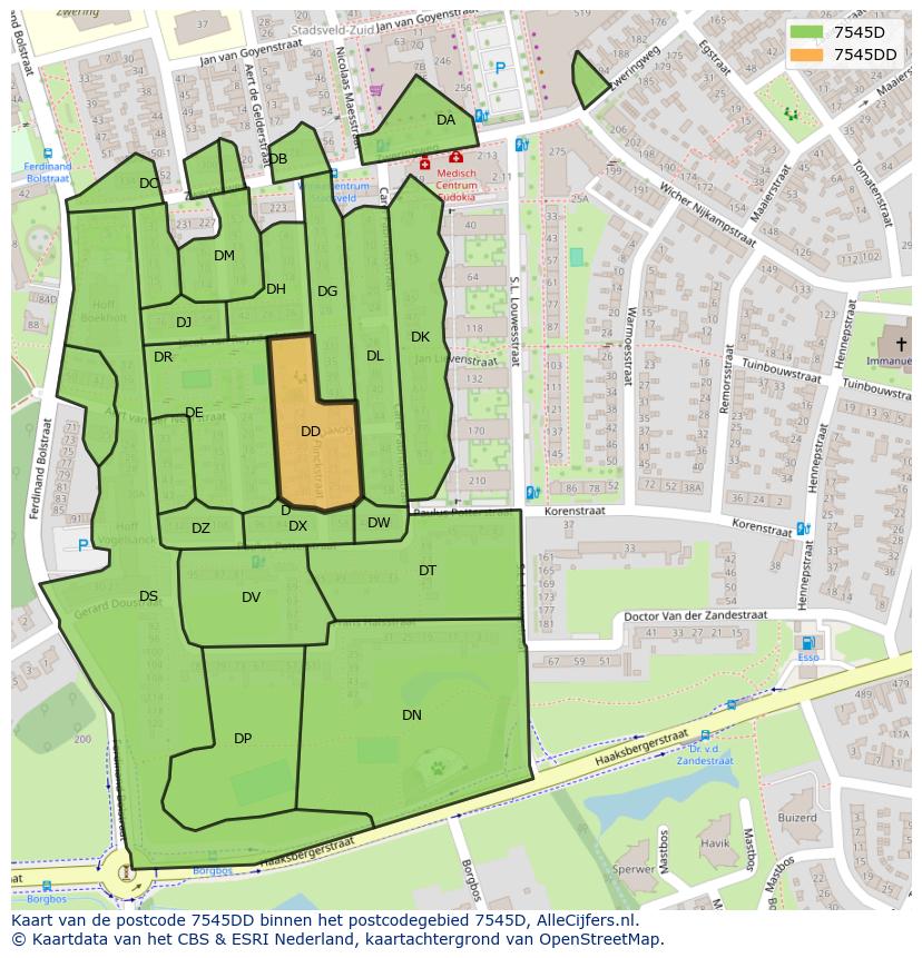 Afbeelding van het postcodegebied 7545 DD op de kaart.