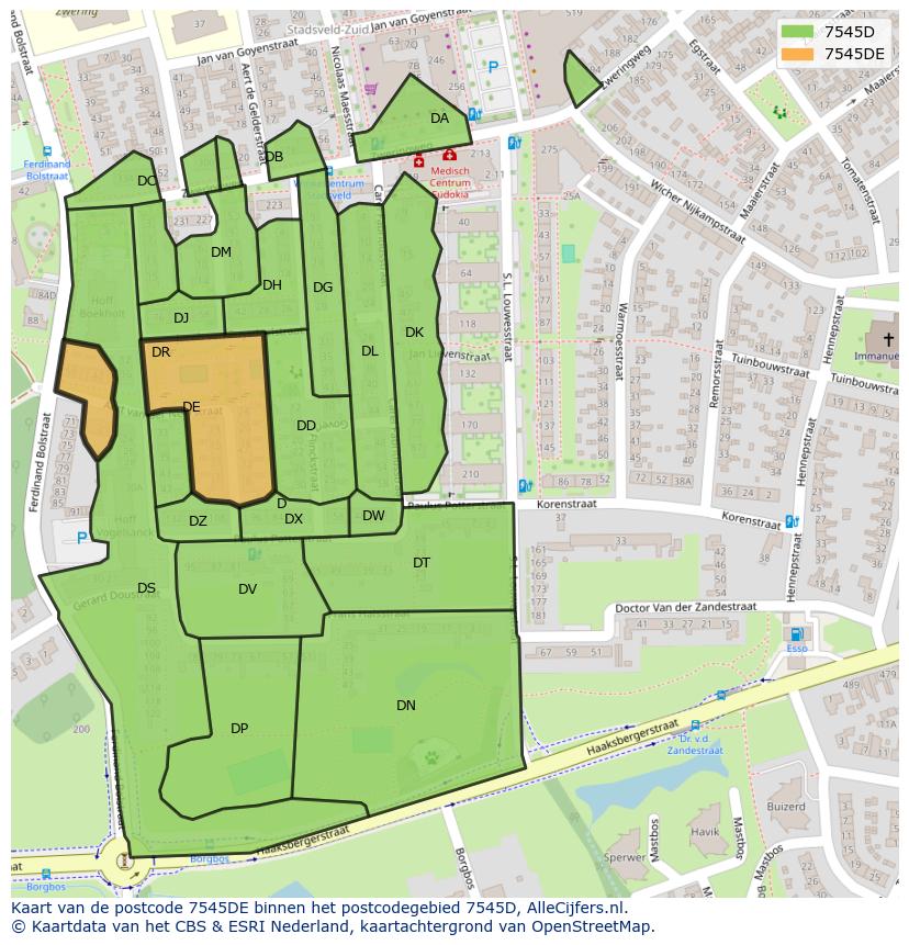 Afbeelding van het postcodegebied 7545 DE op de kaart.