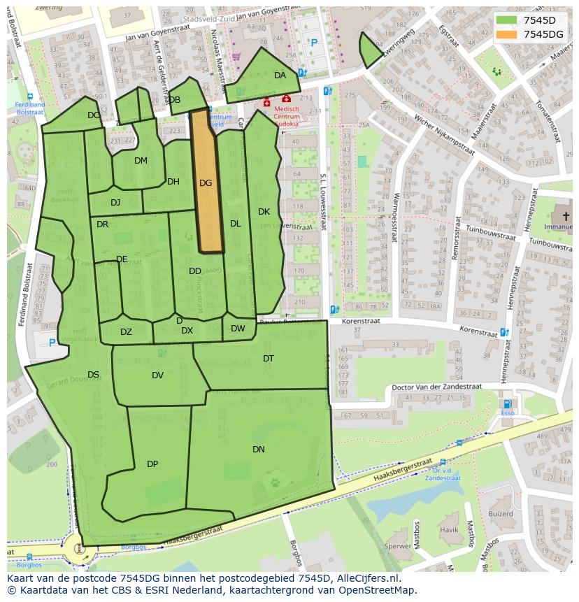 Afbeelding van het postcodegebied 7545 DG op de kaart.