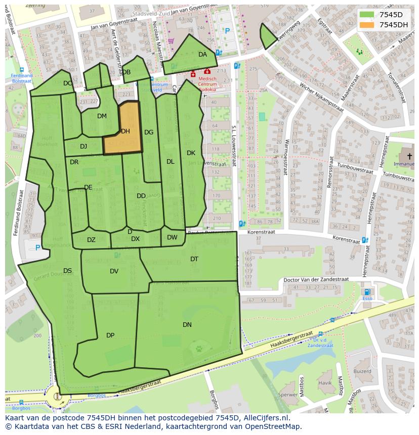 Afbeelding van het postcodegebied 7545 DH op de kaart.