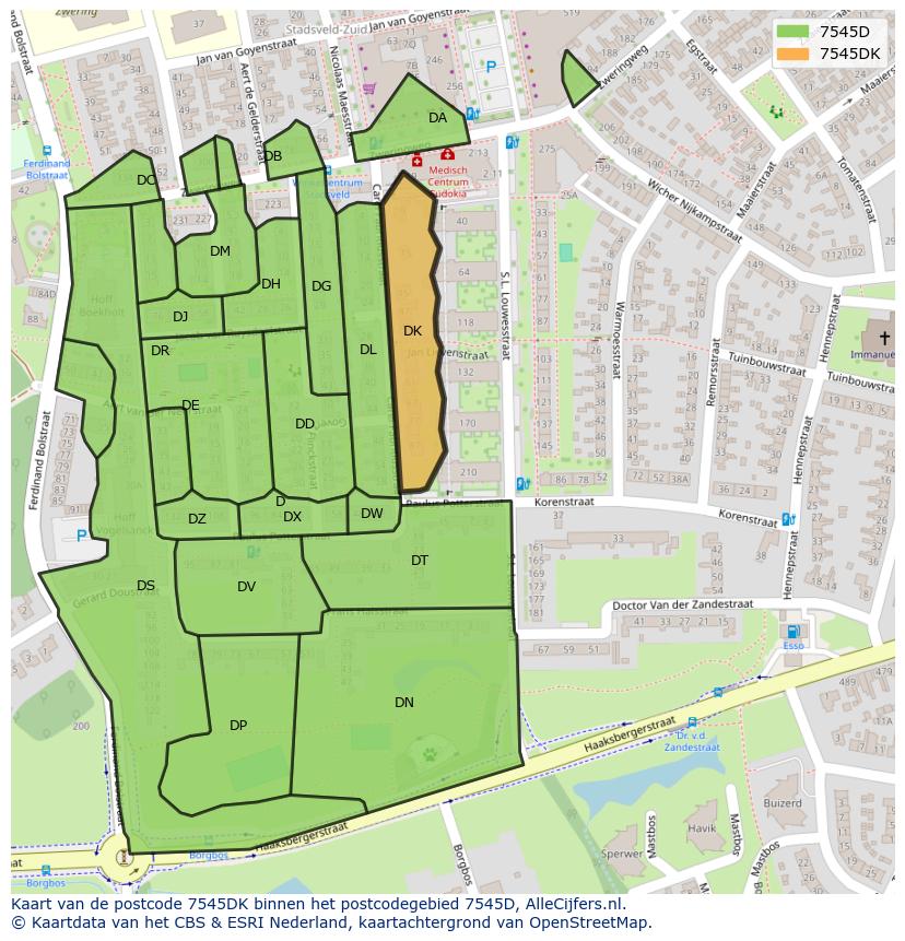 Afbeelding van het postcodegebied 7545 DK op de kaart.