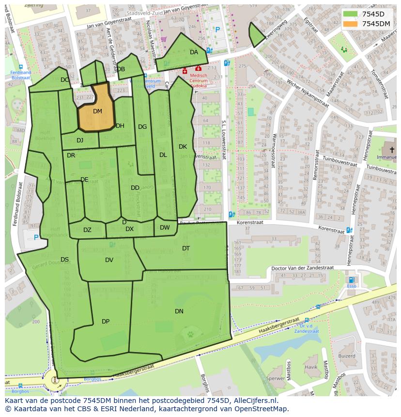 Afbeelding van het postcodegebied 7545 DM op de kaart.