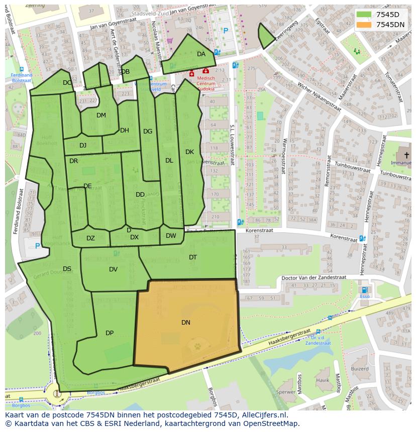 Afbeelding van het postcodegebied 7545 DN op de kaart.