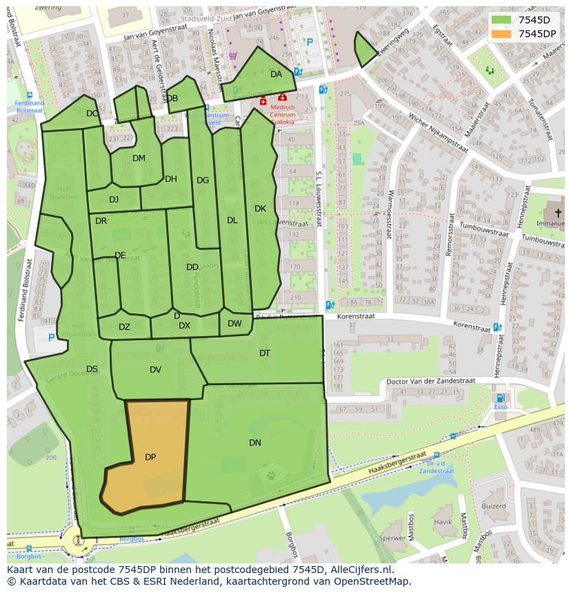 Afbeelding van het postcodegebied 7545 DP op de kaart.
