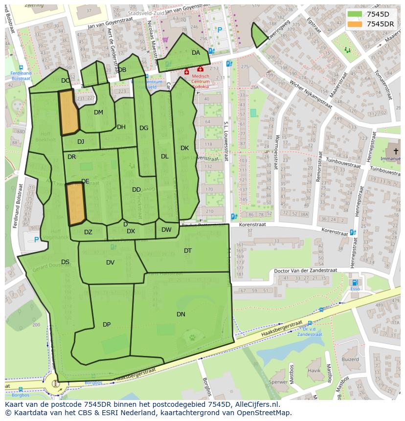 Afbeelding van het postcodegebied 7545 DR op de kaart.