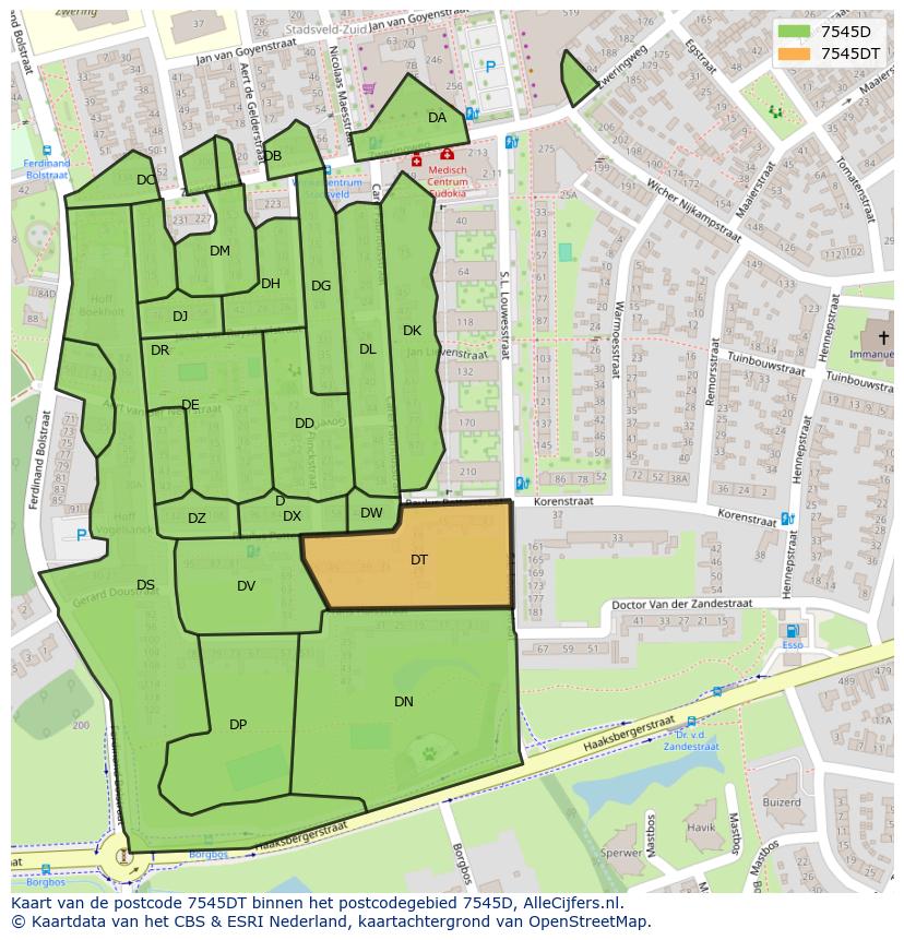 Afbeelding van het postcodegebied 7545 DT op de kaart.