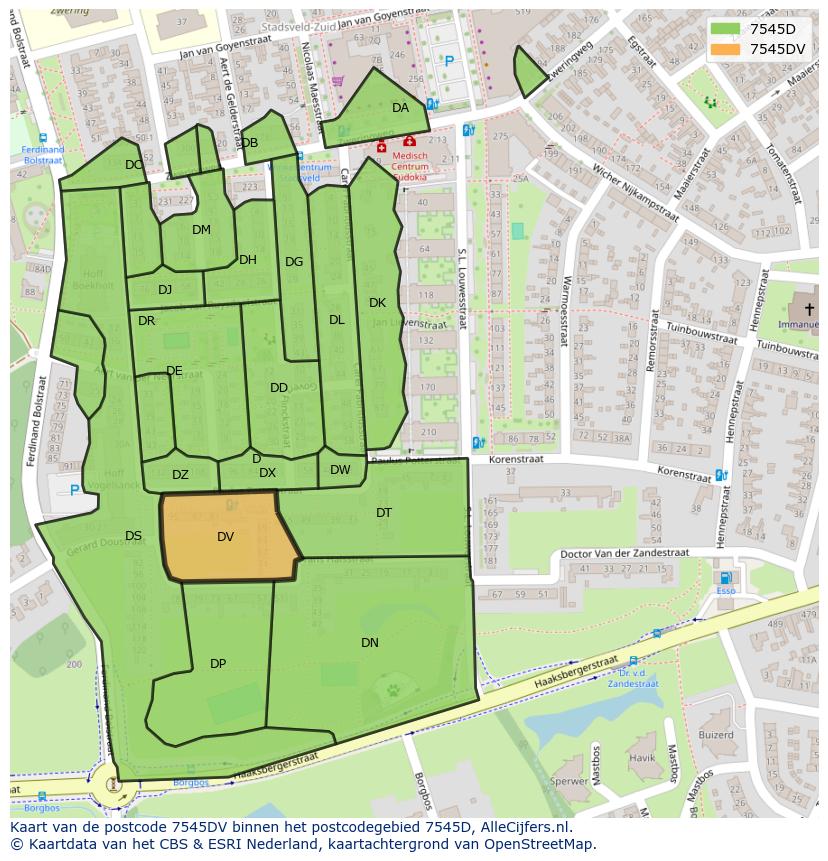 Afbeelding van het postcodegebied 7545 DV op de kaart.
