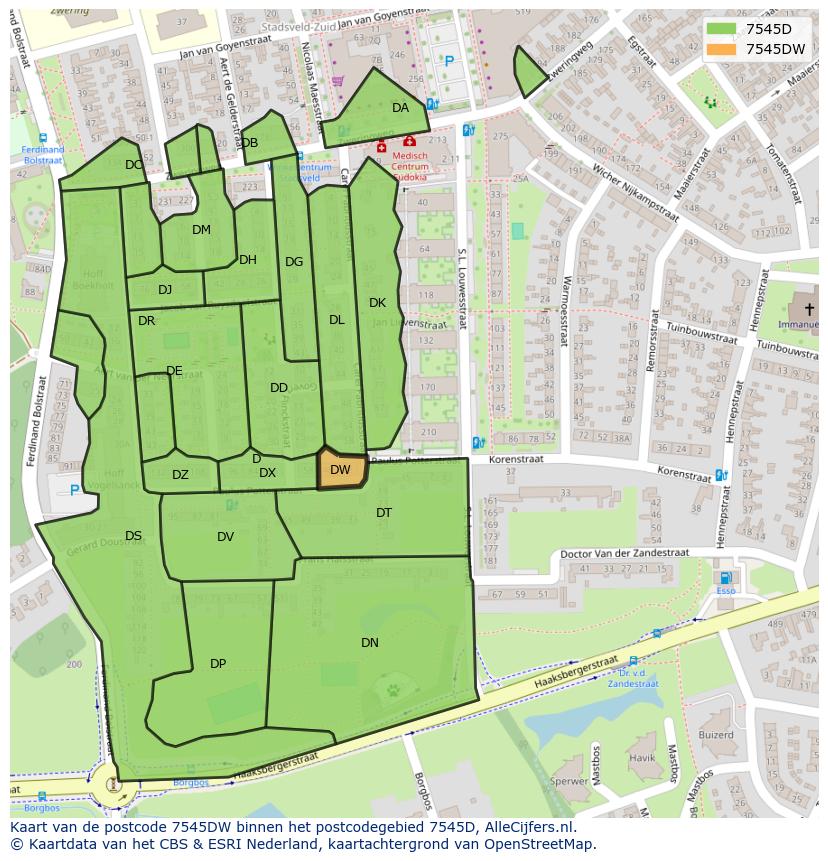 Afbeelding van het postcodegebied 7545 DW op de kaart.
