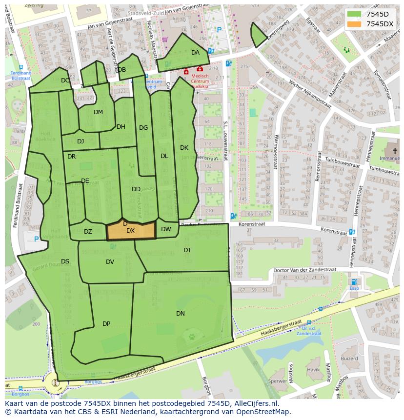 Afbeelding van het postcodegebied 7545 DX op de kaart.