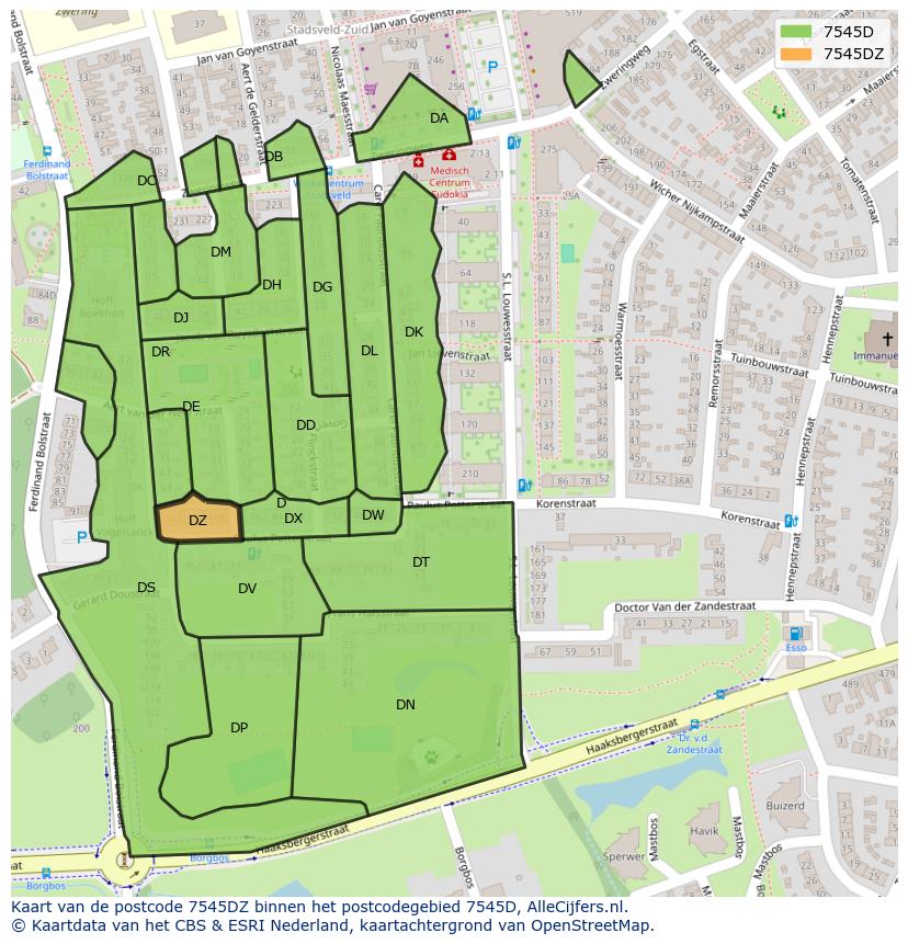 Afbeelding van het postcodegebied 7545 DZ op de kaart.