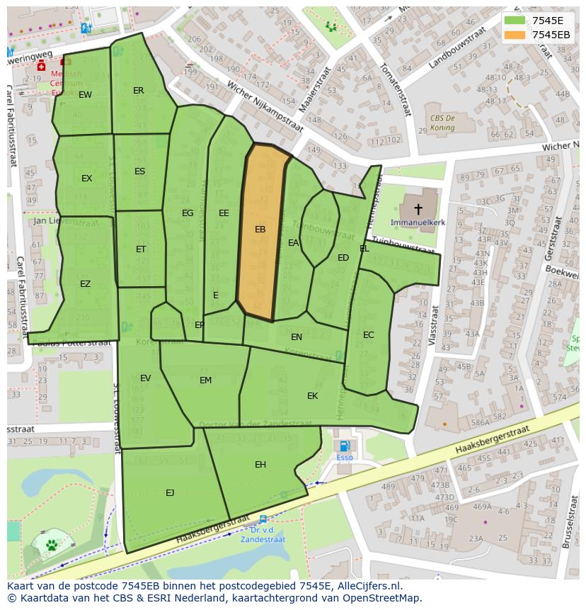 Afbeelding van het postcodegebied 7545 EB op de kaart.