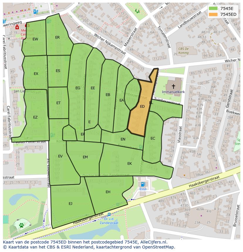 Afbeelding van het postcodegebied 7545 ED op de kaart.