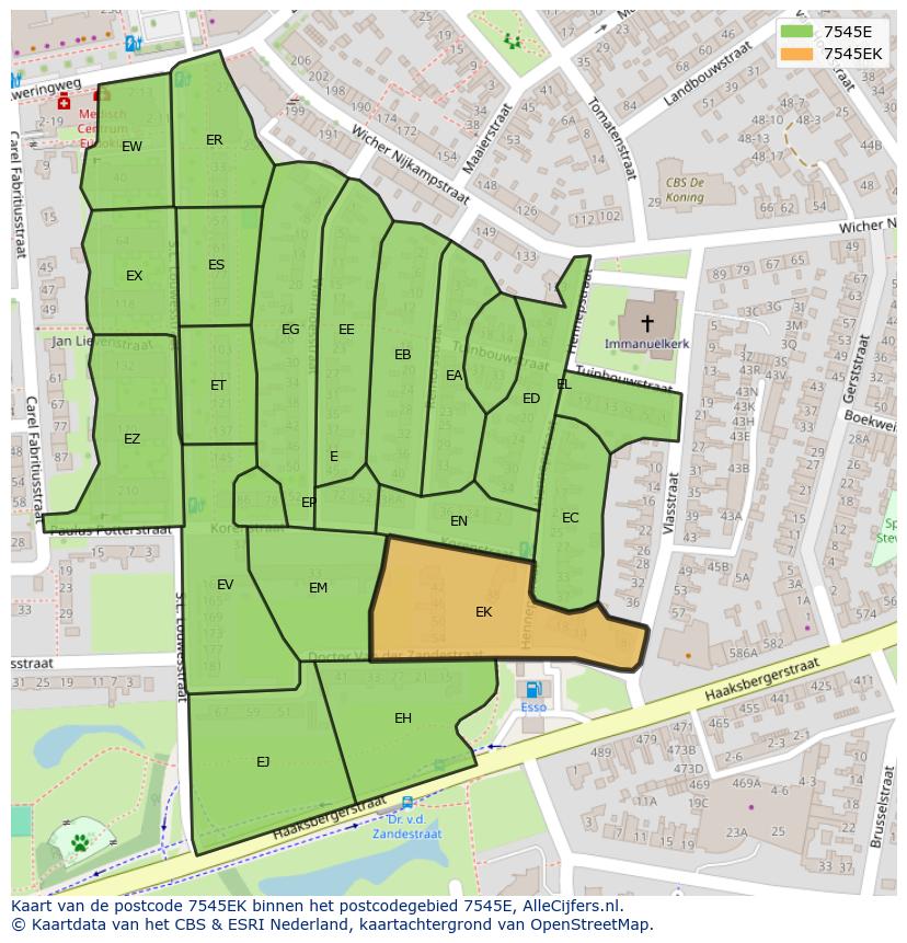 Afbeelding van het postcodegebied 7545 EK op de kaart.