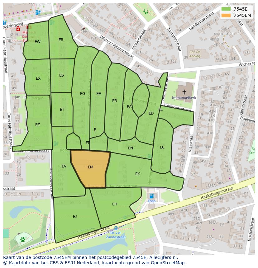 Afbeelding van het postcodegebied 7545 EM op de kaart.