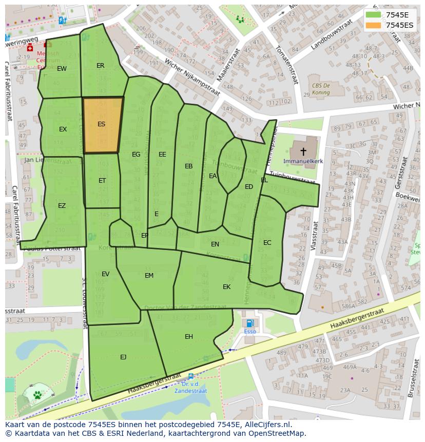 Afbeelding van het postcodegebied 7545 ES op de kaart.