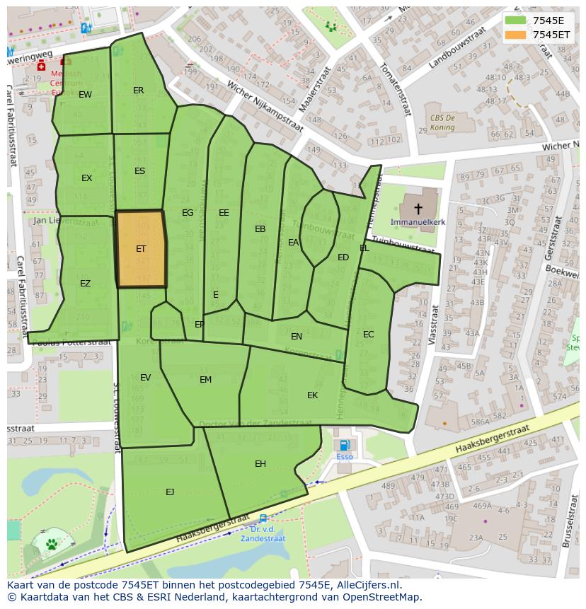 Afbeelding van het postcodegebied 7545 ET op de kaart.