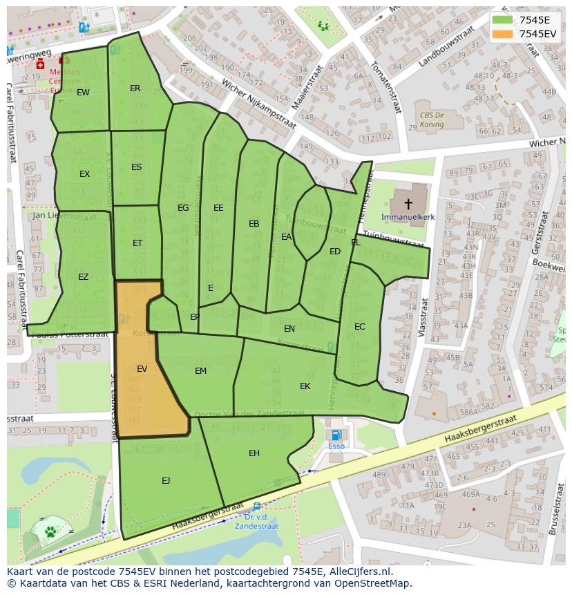 Afbeelding van het postcodegebied 7545 EV op de kaart.