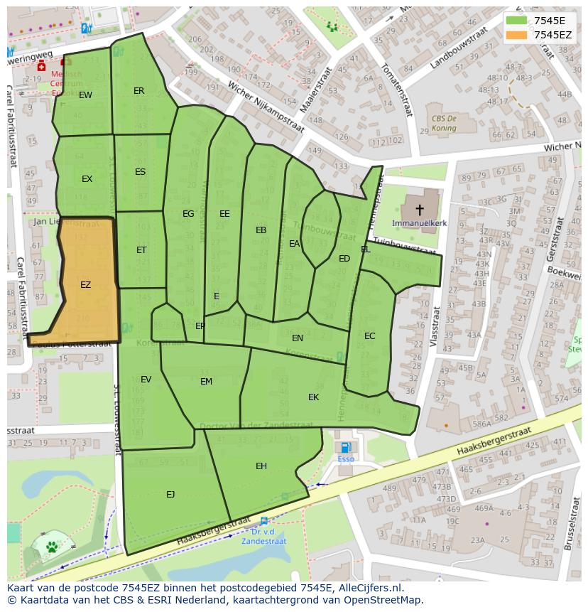 Afbeelding van het postcodegebied 7545 EZ op de kaart.