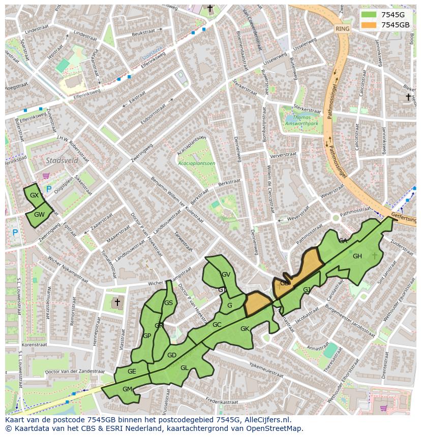 Afbeelding van het postcodegebied 7545 GB op de kaart.