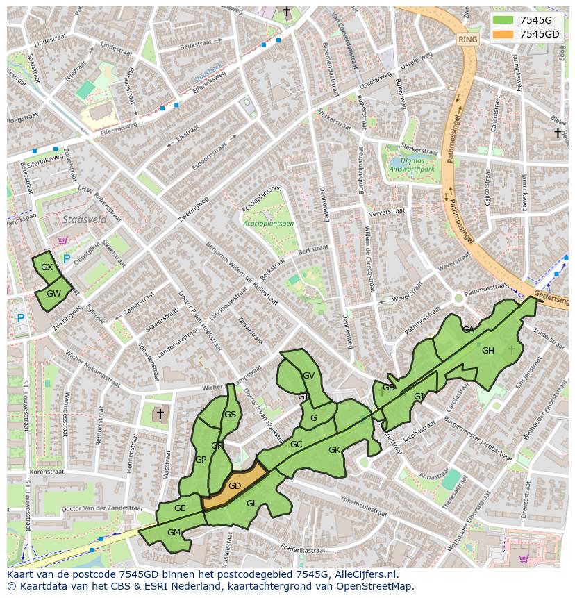 Afbeelding van het postcodegebied 7545 GD op de kaart.