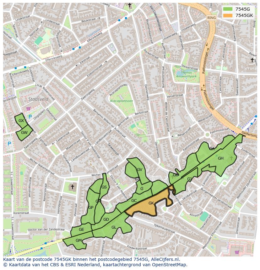 Afbeelding van het postcodegebied 7545 GK op de kaart.