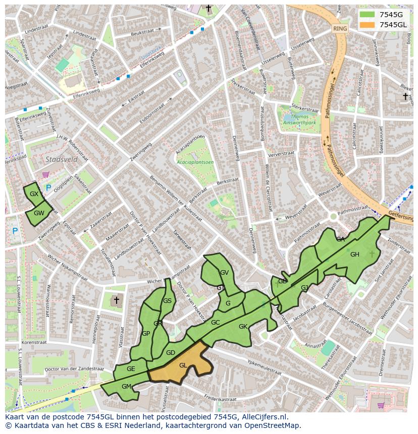 Afbeelding van het postcodegebied 7545 GL op de kaart.