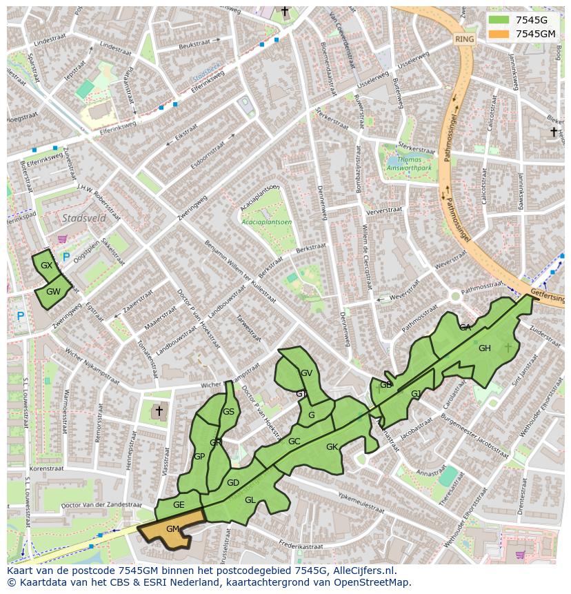 Afbeelding van het postcodegebied 7545 GM op de kaart.