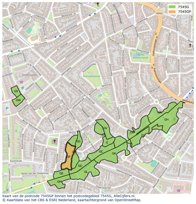 Afbeelding van het postcodegebied 7545 GP op de kaart.