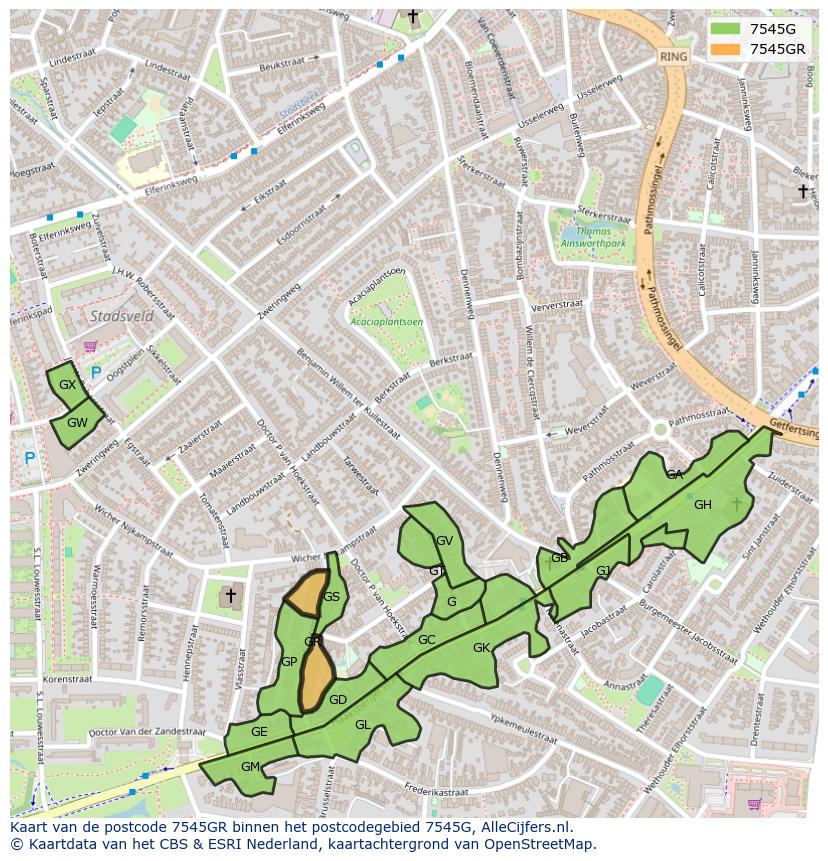 Afbeelding van het postcodegebied 7545 GR op de kaart.