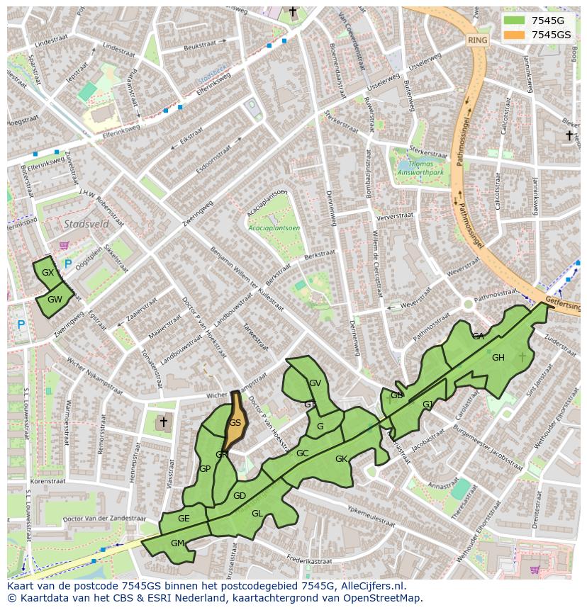 Afbeelding van het postcodegebied 7545 GS op de kaart.